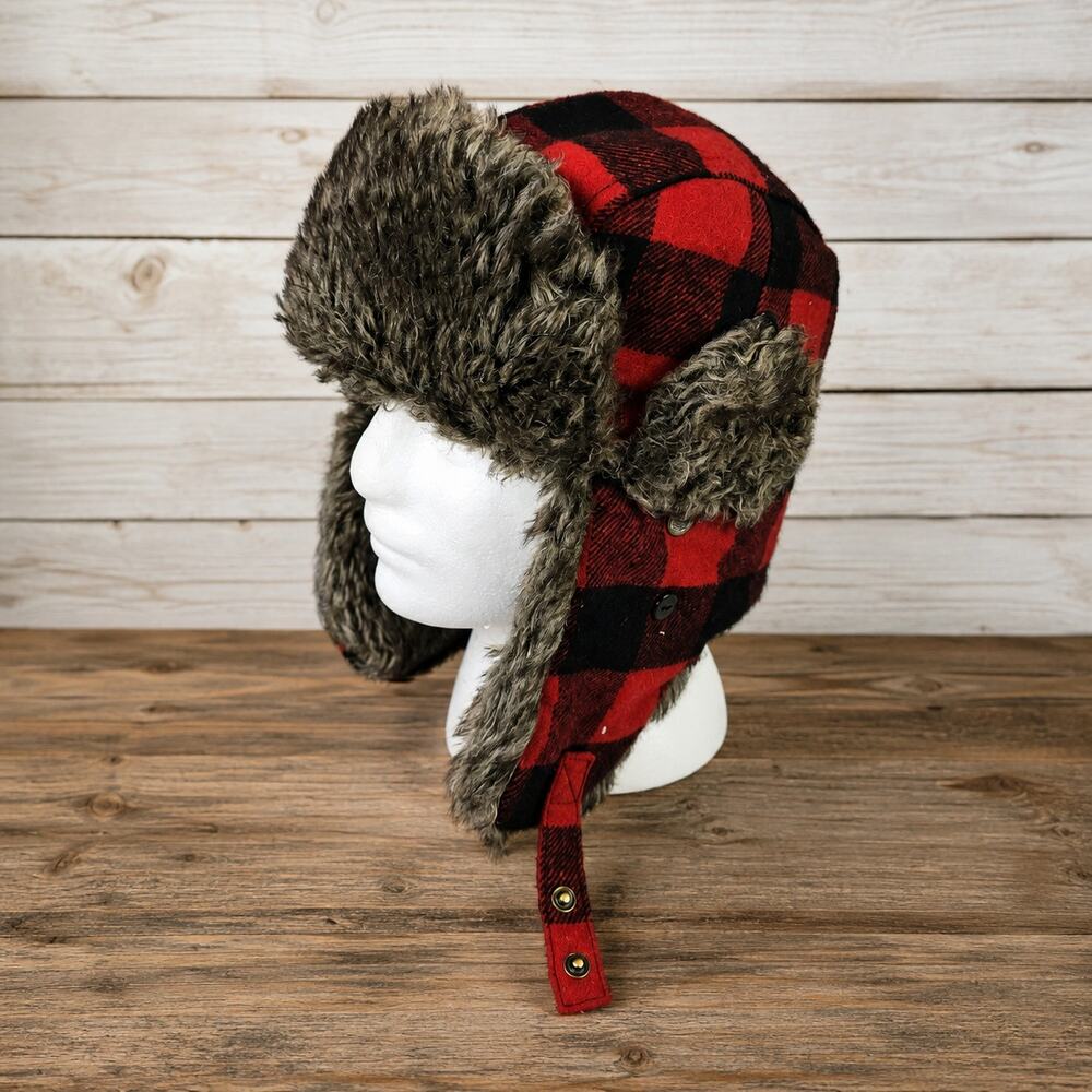 Trapper Hat Cap Red Black Buffalo Check Plaid Faux Fur Adult One Size Swiss Tech
